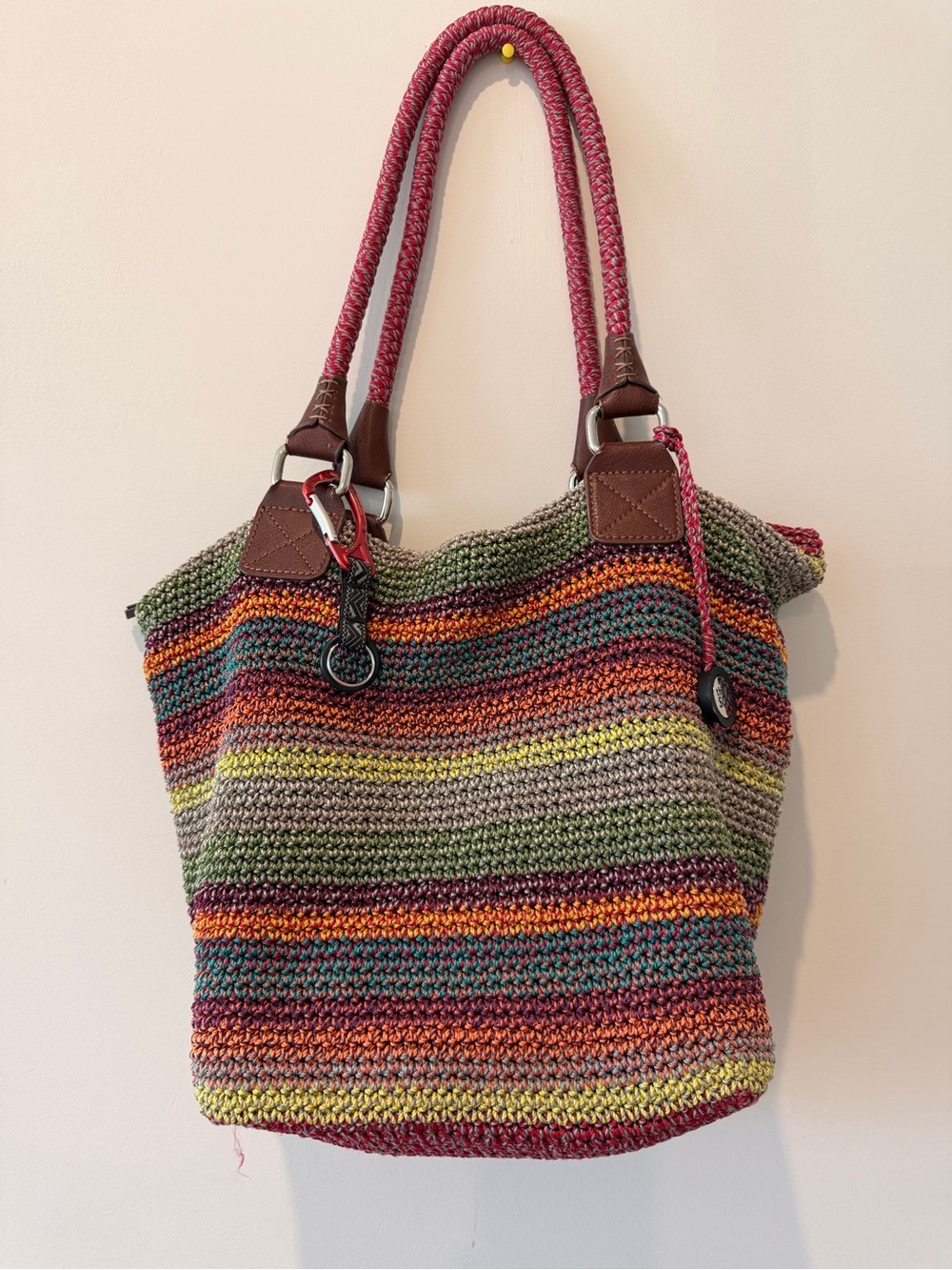 The Sak Multicolor Striped Crochet Tote with Pink Handles